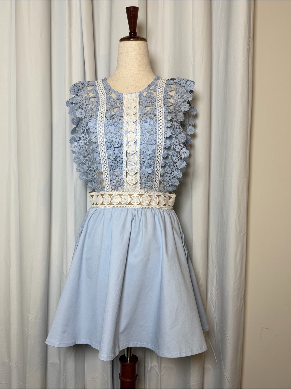 Self-Portrait Floral Vine Mini Dress Blue Guipure Lace Pockets Size US 2 - Picture 4 of 16